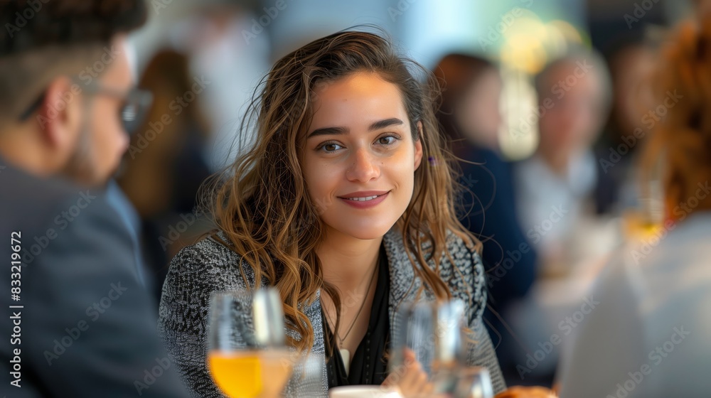 A smiling woman with wavy hair enjoys a social gathering, surrounded by people and glasses of drinks in a bright setting. A smiling woman with wavy hair enjoys a social gathering, surrounded by people and glasses of drinks in a bright setting.