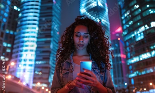 A young woman using her mobile phone in a modern city with skyscrapers at night. A beautiful curly brunette girl standing near high-rise buildings and looking at the screen of her smartphone