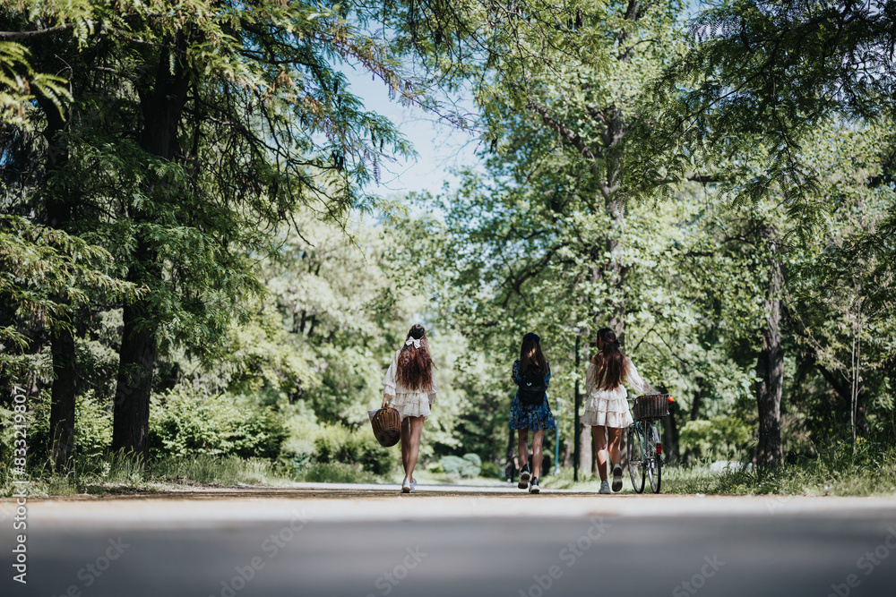 Fototapeta premium Three young girls walk together in a beautifully green park, with one carrying a basket and another holding a bicycle.