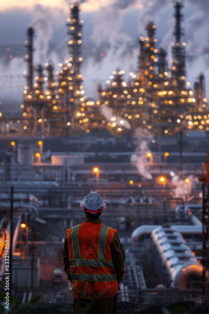 A worker gazes at the sprawling refinery complex at dusk A worker gazes at the sprawling refinery complex at dusk