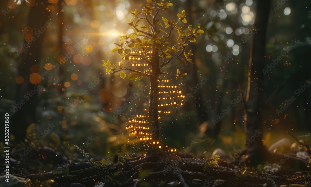 a tree growing from the DNA double helix, glowing particles in forest background, realistic photo