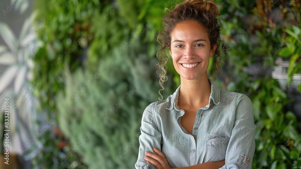 Professional woman smiling with crossed arms, in front of a dynamic green wall Professional woman smiling with crossed arms, in front of a dynamic green wall