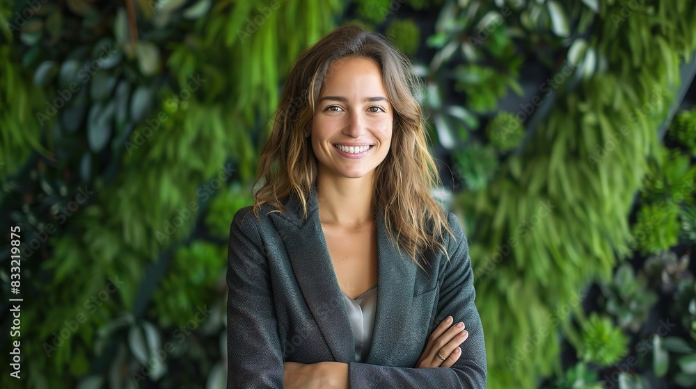 Professional woman smiling with crossed arms, in front of a dynamic green wall Professional woman smiling with crossed arms, in front of a dynamic green wall
