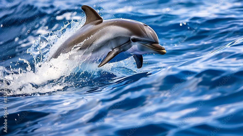 Fototapeta premium Dolphin playing and jumping on the wavy blue ocean