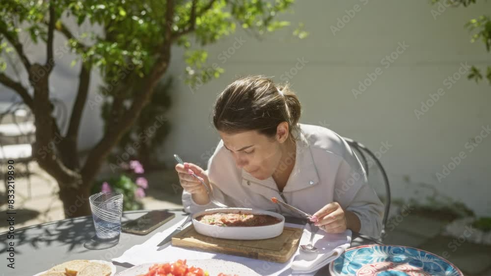 A young hispanic woman enjoys a meal outdoors at a restaurant terrace in italy, savoring delicious food in a serene, picturesque setting. A young hispanic woman enjoys a meal outdoors at a restaurant terrace in italy, savoring delicious food in a serene, picturesque setting.