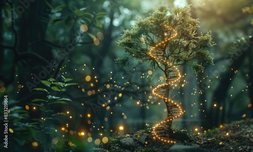 a tree growing from the DNA double helix  glowing particles in forest background  realistic photo