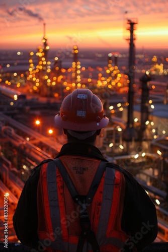 A worker gazes at the sprawling refinery complex at dusk © Media Srock