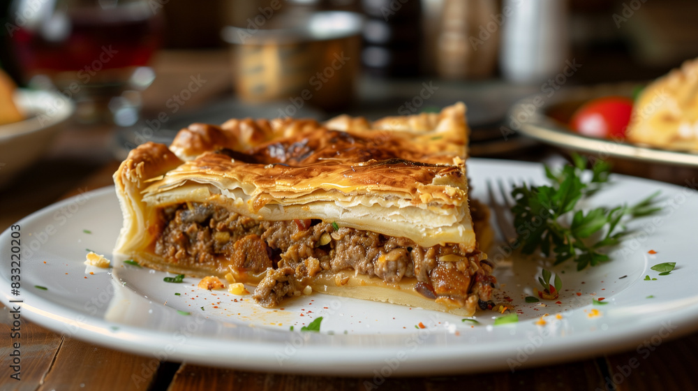 Hearty Slice of Meat Pie, on a Plate Hearty Slice of Meat Pie, on a Plate