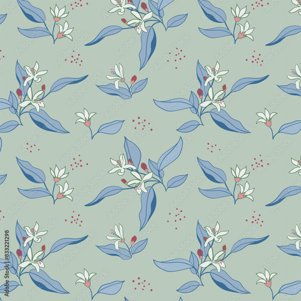 Fototapeta premium Moody seamless pattern of hand drawn citrus blossom in gray blue colors. Vintage background of spring tree branches with flowers. 