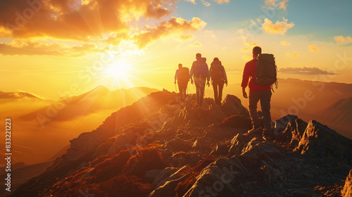 Hikers with backpacks trekking along a mountain ridge against a stunning sunset backdrop