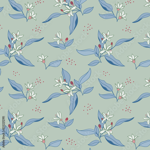 Moody seamless pattern of hand drawn citrus blossom in gray blue colors. Vintage background of spring tree branches with flowers. 