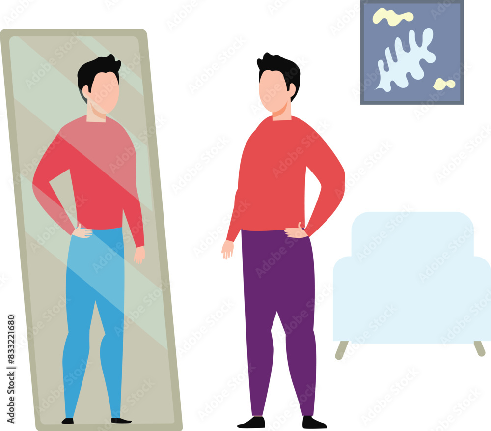 Obraz premium The boy is looking at himself in the mirror as a fit person.