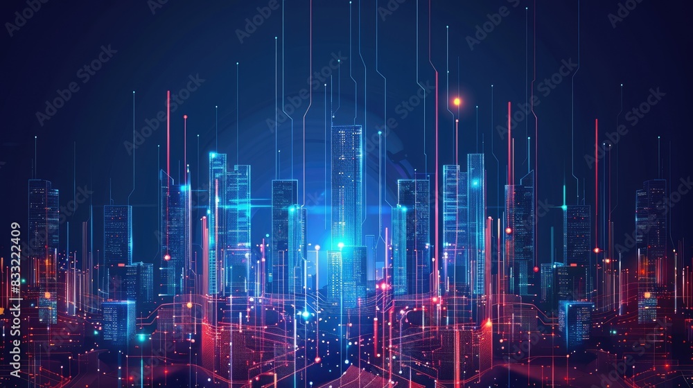 Smart city technology in the form of pixels with lines that connect with the city in a unique way. conveys the technology of A city that takes advantage of modern and intelligent technology innovation Smart city technology in the form of pixels with lines that connect with the city in a unique way. conveys the technology of A city that takes advantage of modern and intelligent technology innovation