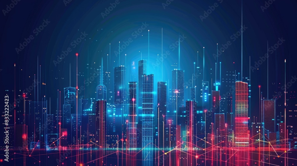 Smart city technology in the form of pixels with lines that connect with the city in a unique way. conveys the technology of A city that takes advantage of modern and intelligent technology innovation Smart city technology in the form of pixels with lines that connect with the city in a unique way. conveys the technology of A city that takes advantage of modern and intelligent technology innovation