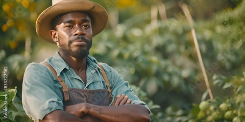Portrait of black Male botanist standing at organic farm with clippers while looking at camera 4K Video. photo