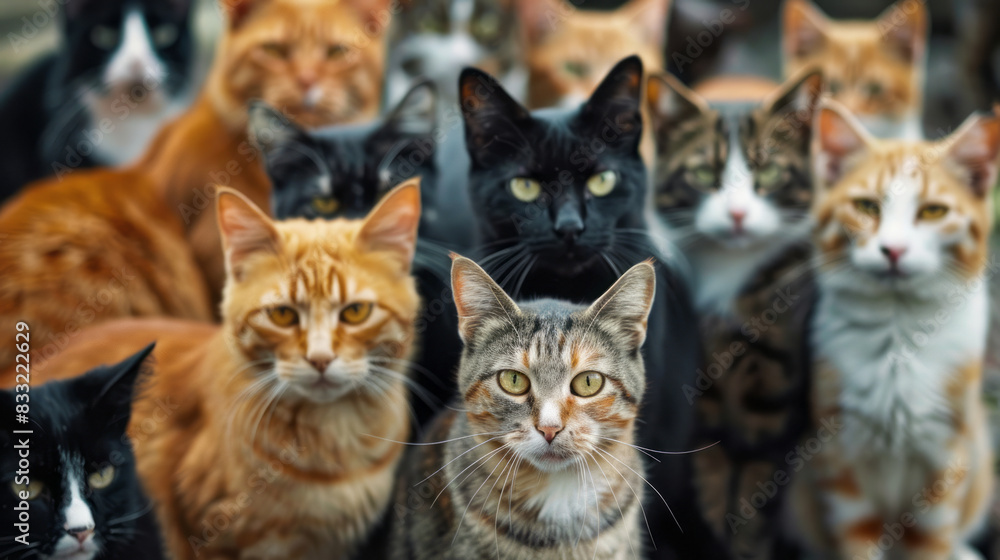 A crowd of curious cats. A diverse group of cats with intense gazes, showcasing the beauty and variety of feline breeds. A crowd of curious cats. A diverse group of cats with intense gazes, showcasing the beauty and variety of feline breeds.