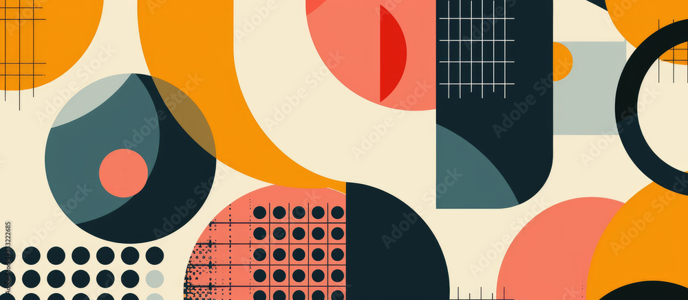 Flat illustration featuring abstract geometric shapes and patterns in retro colors including pink, orange, yellow, light blue, black, and white Flat illustration featuring abstract geometric shapes and patterns in retro colors including pink, orange, yellow, light blue, black, and white