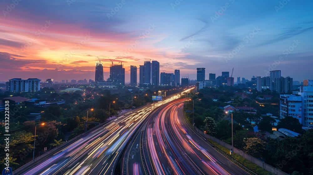 Obraz premium Light flow of traffic on evening city highway