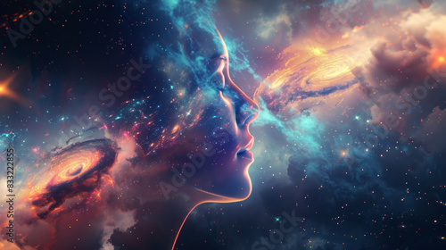 Cosmic woman dreams of galaxies. Woman with galaxies swirling around her face dreams of the cosmos in this inspiring image of hope and imagination. photo