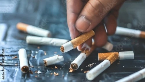AVOID SMOKING NO SMOKING DAY CONCEPT CLOSUP MAN HAND CRUSHING CIGARETTE SAY NO TO TOBBACO