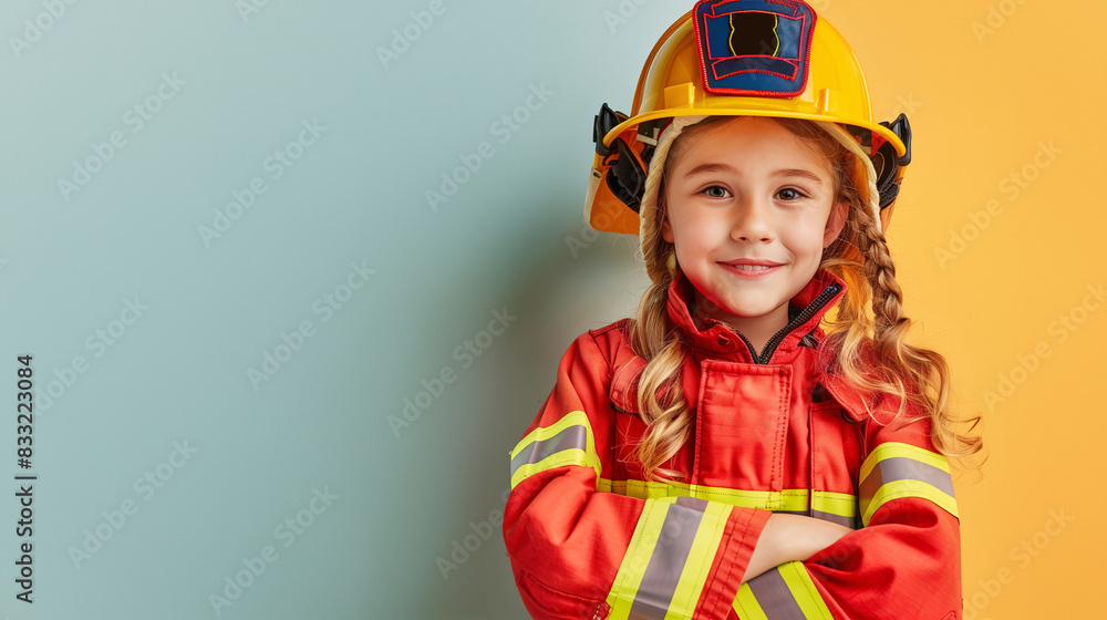 A cute happy smiling young American white girl dresses like a fireman on a plain blue and yellow background with copy space for text. A cute happy smiling young American white girl dresses like a fireman on a plain blue and yellow background with copy space for text.