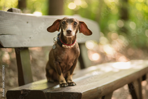Obraz na plátně cute brown dachshund dog sitting on a wooden bench in a forest in the summer