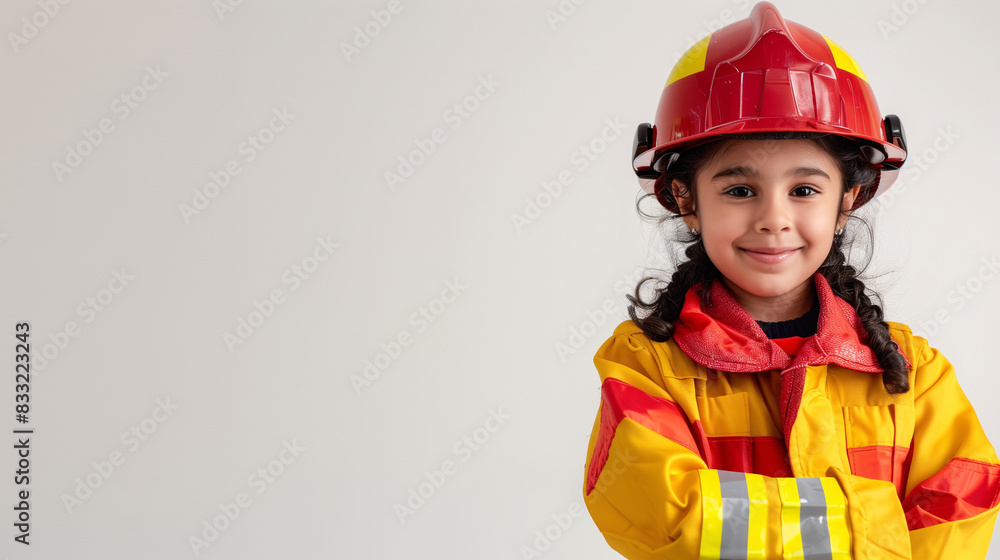 A cute happy smiling young Arab girl dresses like a fireman on a plain white background with copy space for text. A cute happy smiling young Arab girl dresses like a fireman on a plain white background with copy space for text.