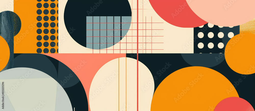 Flat illustration featuring abstract geometric shapes and patterns in retro colors including pink, orange, yellow, light blue, black, and white Flat illustration featuring abstract geometric shapes and patterns in retro colors including pink, orange, yellow, light blue, black, and white