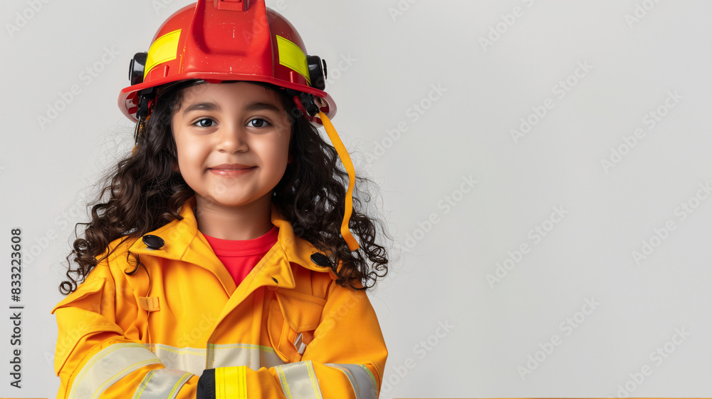 A cute happy smiling young Indian girl dresses like a fireman on a plain white background with copy space for text. A cute happy smiling young Indian girl dresses like a fireman on a plain white background with copy space for text.