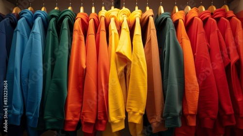 A vibrant array of hoodies on a clothing rack © Media Srock