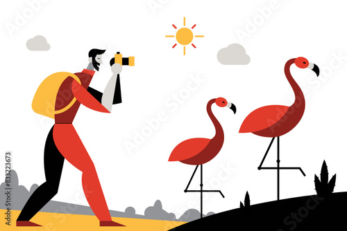 Man taking pictures of flamingos