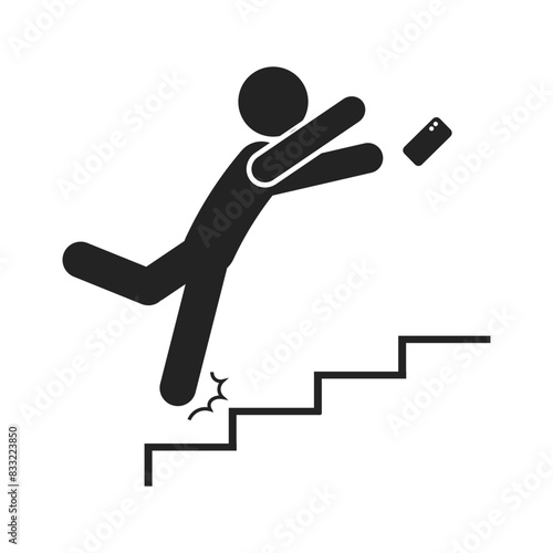 Isolated pictogram of man fall on stair with phone, for safety sign do not use mobile phone on stairs