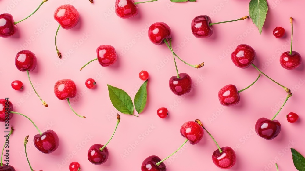 Cherry fruits creative layout on pink background. Cherry fruits creative layout on pink background.