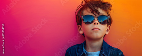 Stylish boy poses with attitude in front of a colorful orange and pink backdrop photo