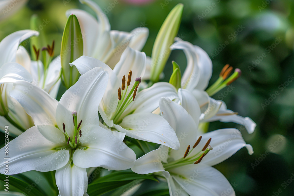 A cluster of white lilies with their graceful, trumpet-shaped blooms. A cluster of white lilies with their graceful, trumpet-shaped blooms.