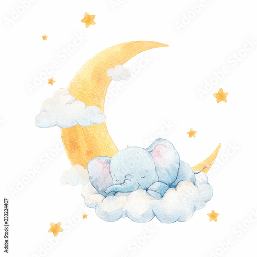 Photography Beautiful childish watercolor hand drawn illustration with cute sleeping baby elephant