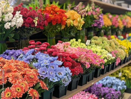 A local flower shop with a display of rainbowcolored bouquets, leaving ample copy space on the left side © Rainister