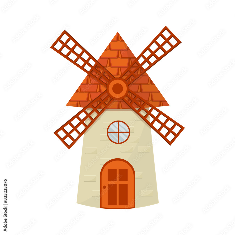 Windmill fairy, cartoon isolated on white background. Retro, rural building, tower with wooden propeller. Clipart, design element, ui gy asset
