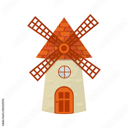 Obraz na płótnie Windmill fairy, cartoon isolated on white background. Retro, rural building, tower with wooden propeller. Clipart, design element, ui gy asset w salonie