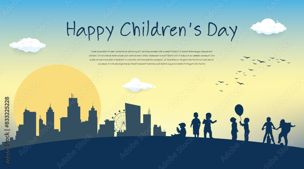 World children's day creative design poster with the children in the black shadow and a warm and vibrant atmosphere
