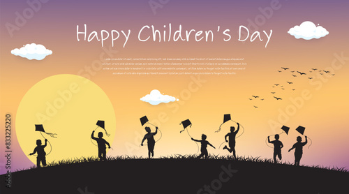 World children's day creative design poster with the children in the black shadow and a warm and vibrant atmosphere