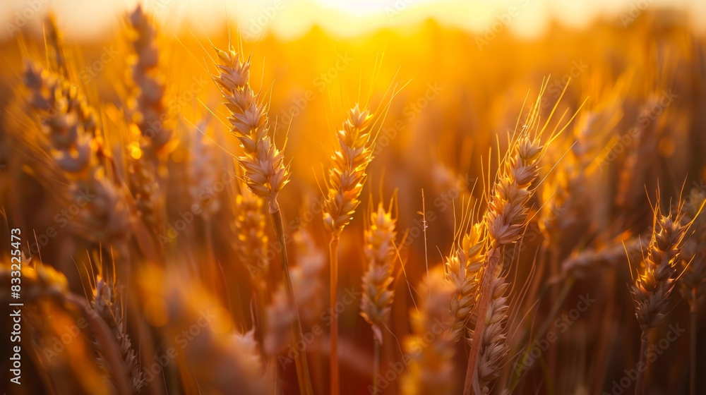 Ripe ears of wheat on a sunset agricultural field. Wheat ears on a golden field. The concept of agriculture, gardening, rich harvest. Ripe ears of wheat on a sunset agricultural field. Wheat ears on a golden field. The concept of agriculture, gardening, rich harvest.