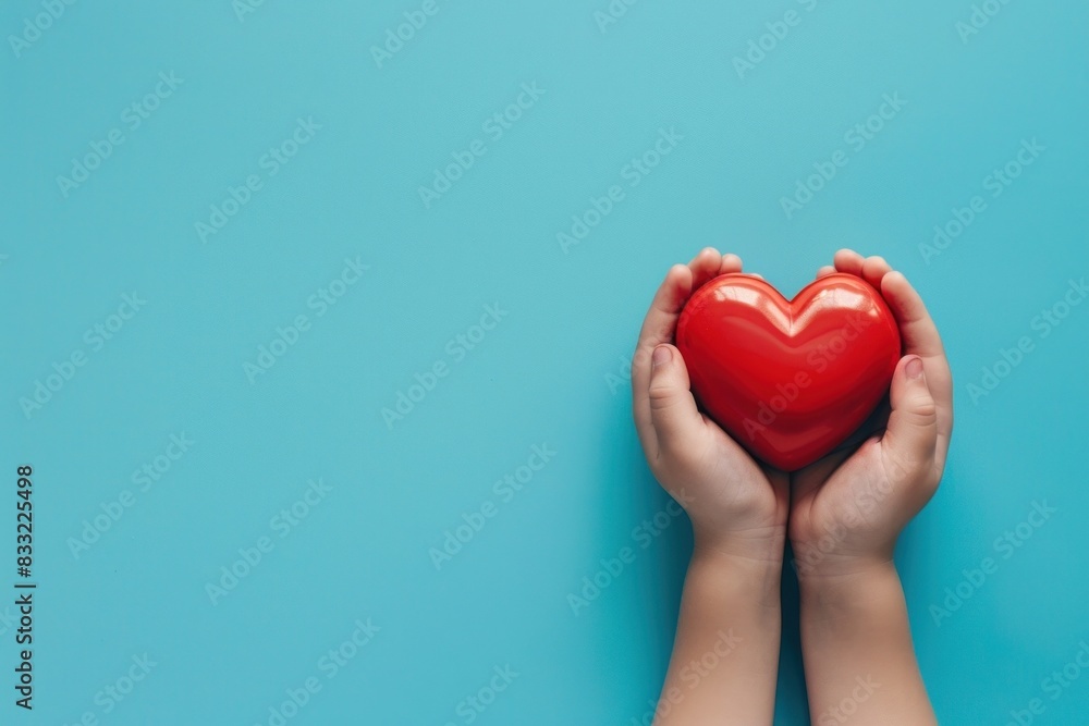 Fototapeta premium Hands holds a red heart symbol cup mug.