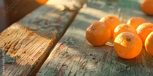 Juicy oranges ona green wooden table with direct sunlight 4K Video. photo