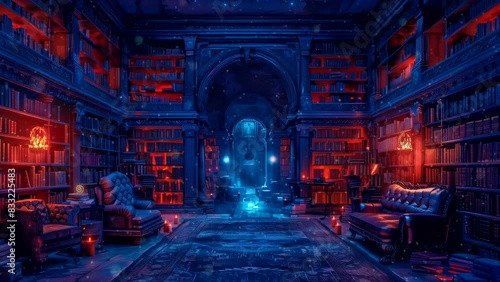 Grand medieval library room filled with books with neon lighting. Looping time-lapse animation background photo