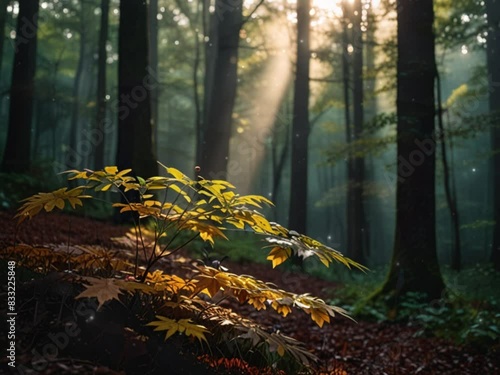 Morning light in the dense forest photo