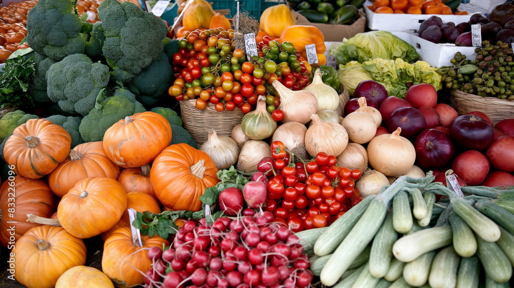 Autumn Harvest Bounty, Fresh Vegetables and Fruits at a Farmers Market