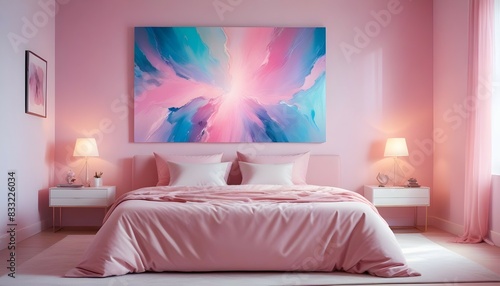 "A stylish bedroom with a centerpiece abstract painting in cool tones, captured in high-definition." © Muhammad