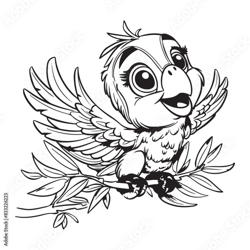 Cute cartoon baby macaw design for kids coloring book, black vector illustration on white background