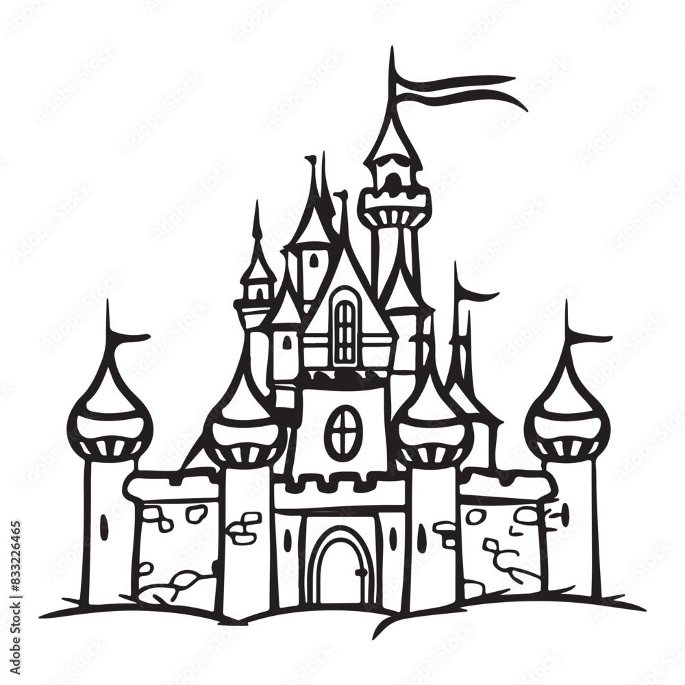 Cute cartoon castle, black vector illustration on white background